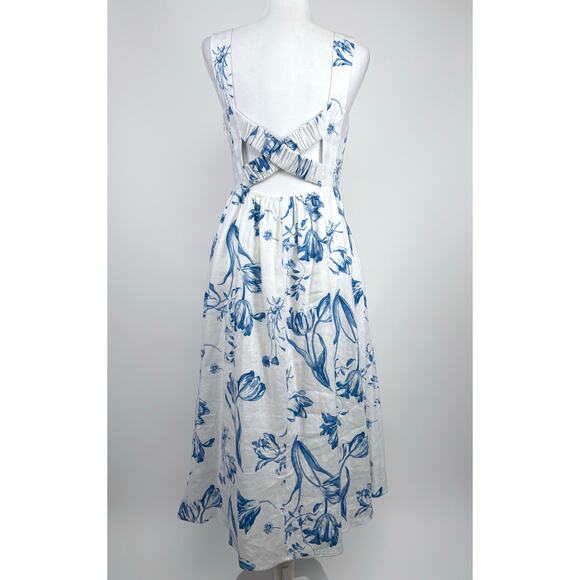Reformation Frieda Linen Midi Dress Size 4 Blue White Floral Trad Wife Cottage - Picture 5 of 16
